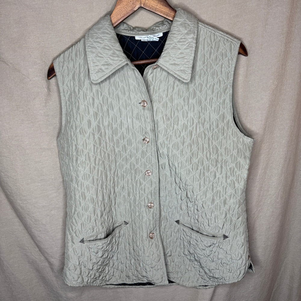 Debra DeRoo Womens 100% Silk Quilted Vest Sage Green Button Front Size M